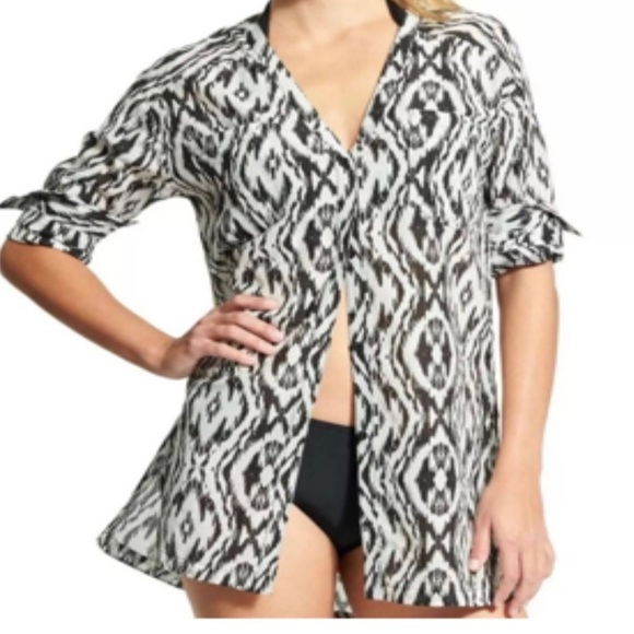 Athleta Ikat Black/White Kaftan Tunic Top Button Front Cover Up Women's XXS - Picture 1 of 11